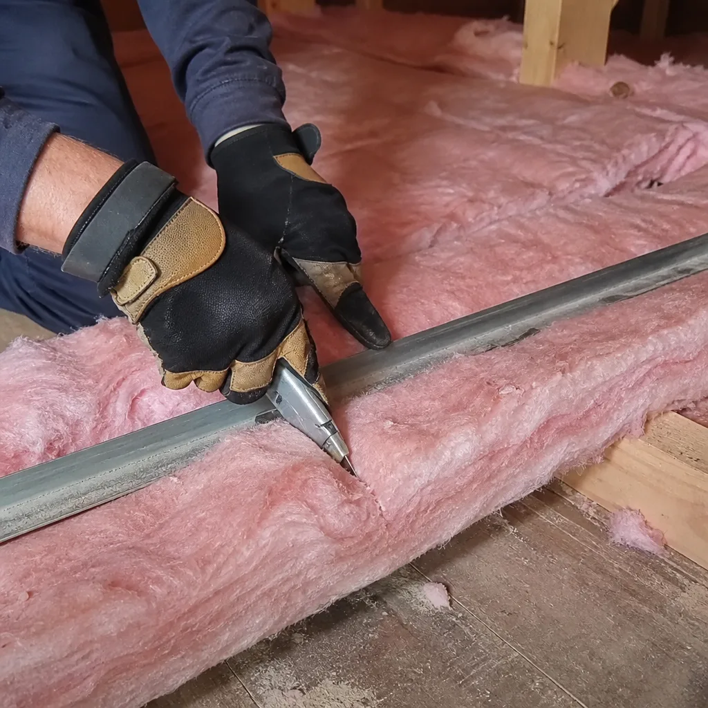 Professional cutting pink fiberglass attic insulation with utility knife and guide