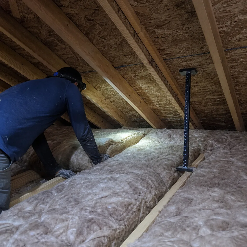 Technician installing fiberglass attic insulation between wooden roof joists