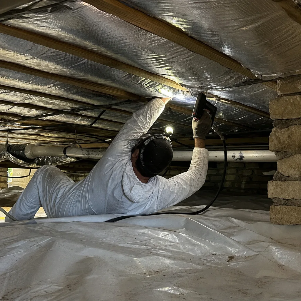 Technician performing professional crawl space encapsulation and vapor barrier installation
