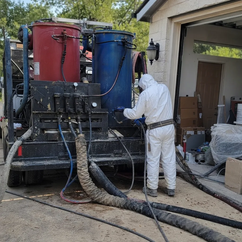 Technician in protective gear using industrial spray foam insulation equipment