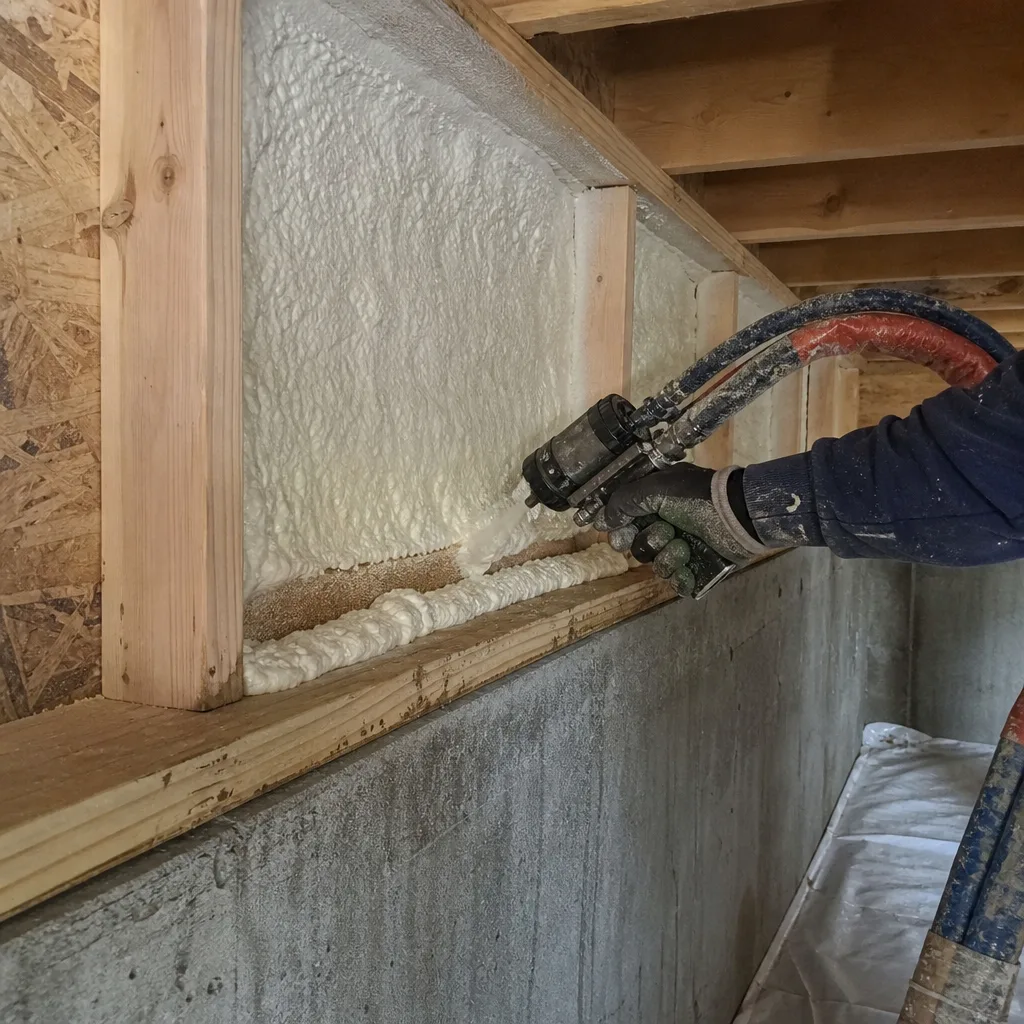 Professional contractor applying spray foam insulation to a basement rim joist.