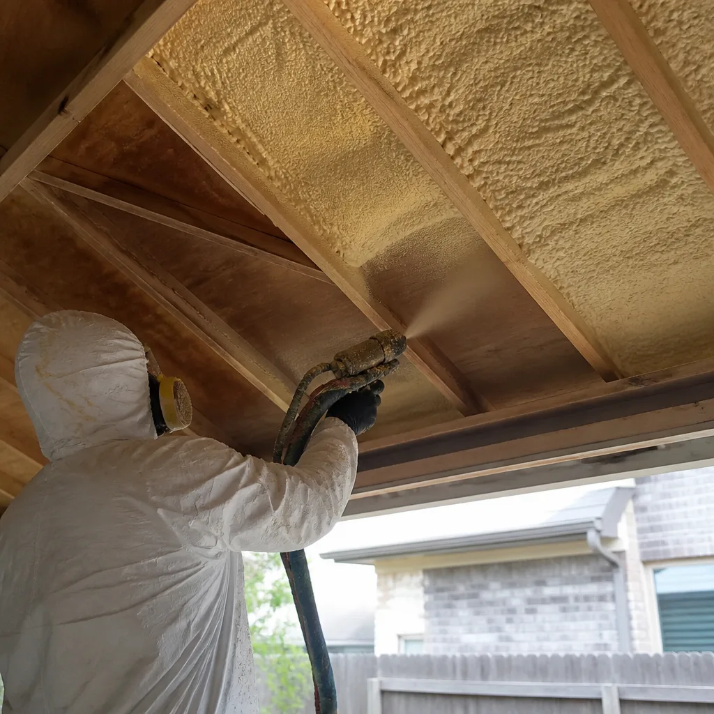 Contractor applying spray foam insulation to roof rafters